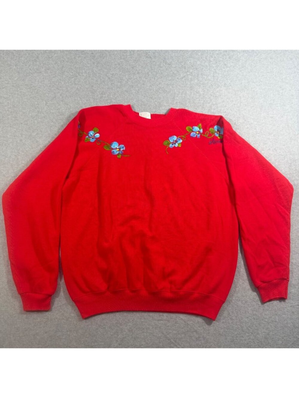 Vintage Hanes Women’s XL Red Sweatshirt Hand Painted Blue Floral Design USA